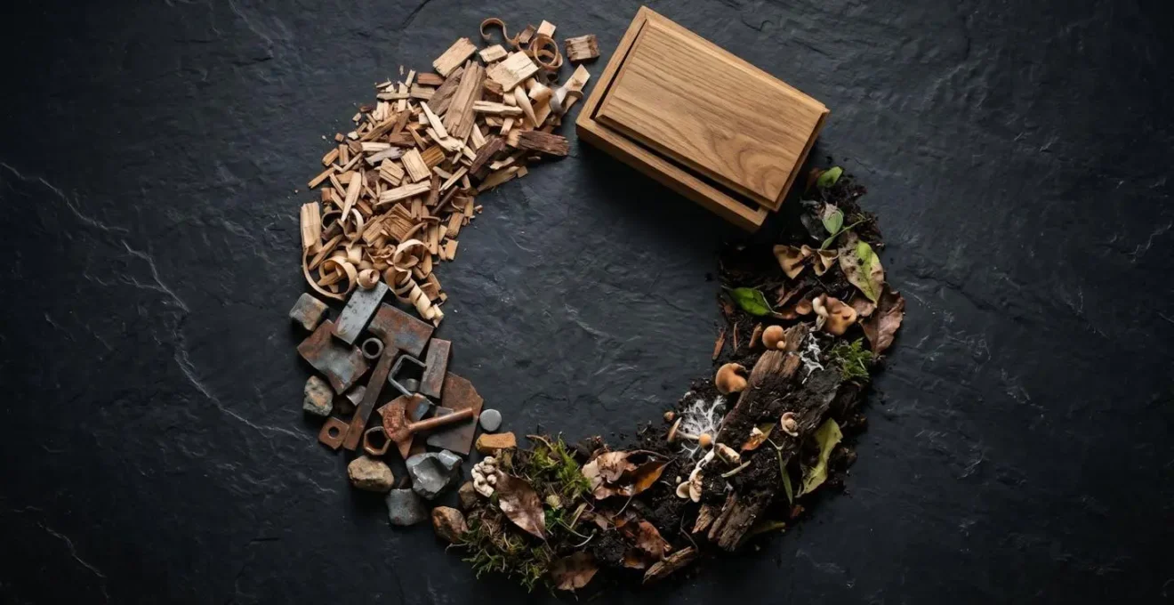 Composition symbolique montrant différentes phases du cycle de vie d'un objet avec éléments naturels