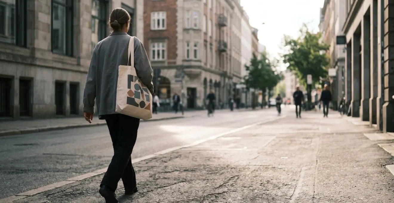 Personne portant un tote bag avec design graphique minimaliste dans un environnement urbain
