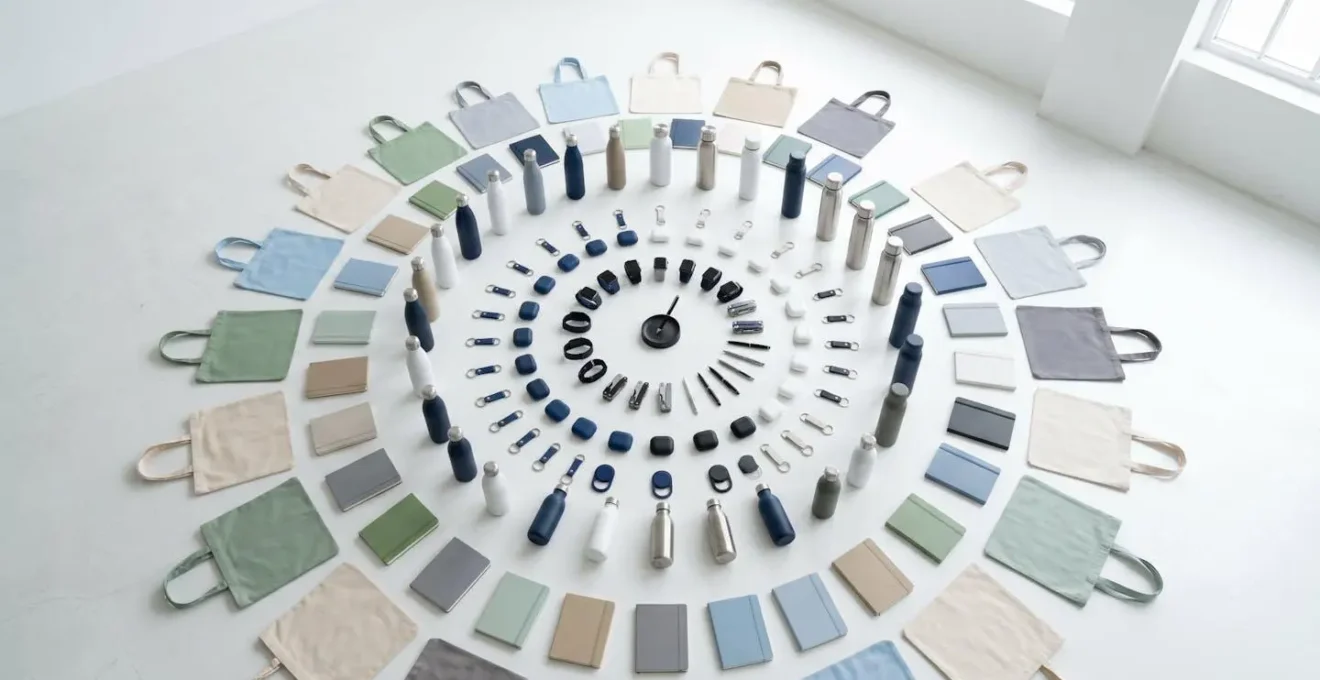 Vue aérienne minimaliste d'objets promotionnels disposés en cercles concentriques représentant le ciblage