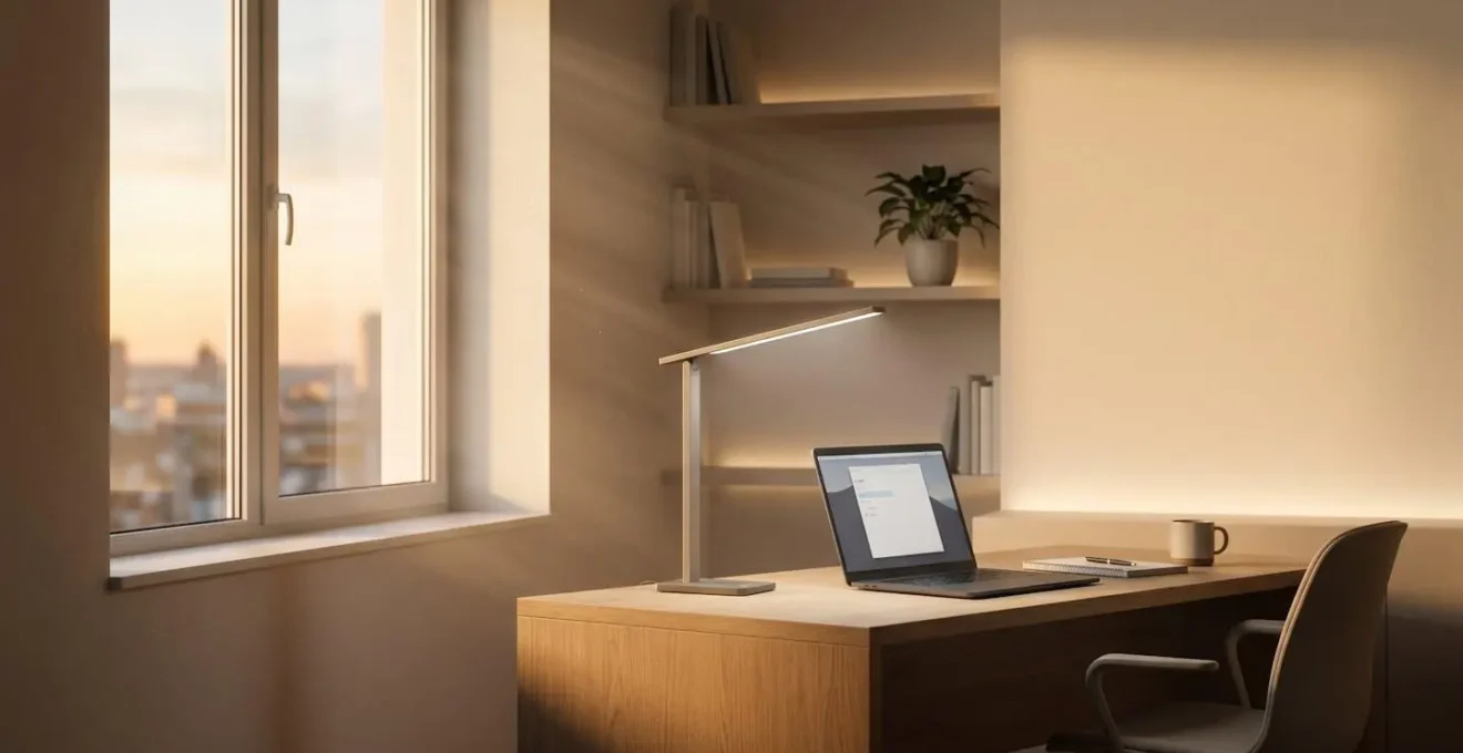 Espace de travail avec éclairage ambiant modulable montrant différentes températures de lumière