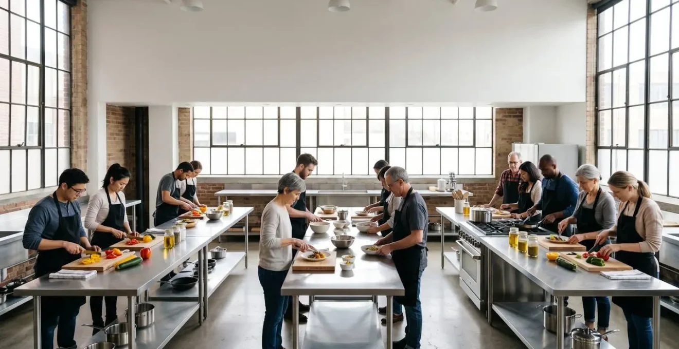Groupe diversifié préparant ensemble des plats colorés dans une cuisine professionnelle