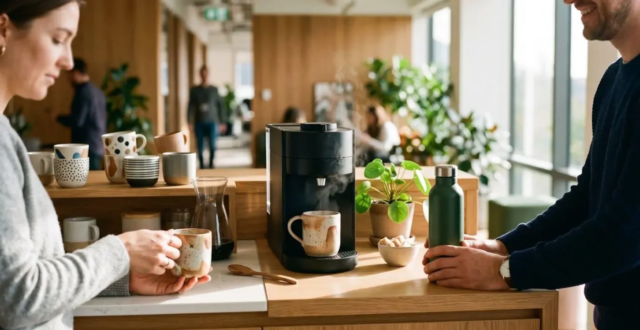 Espace café d'entreprise moderne avec objets de pause disposés artistiquement