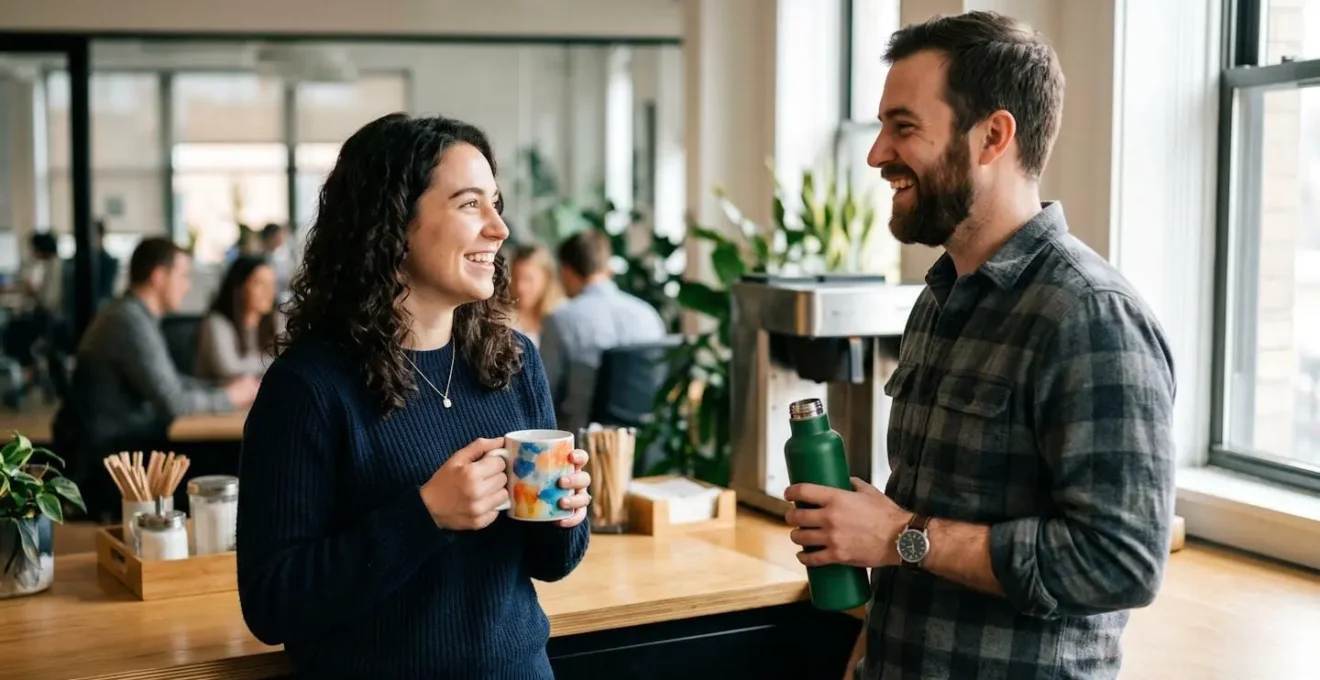 Espace café d'entreprise avec mugs et gourdes personnalisés créant des interactions