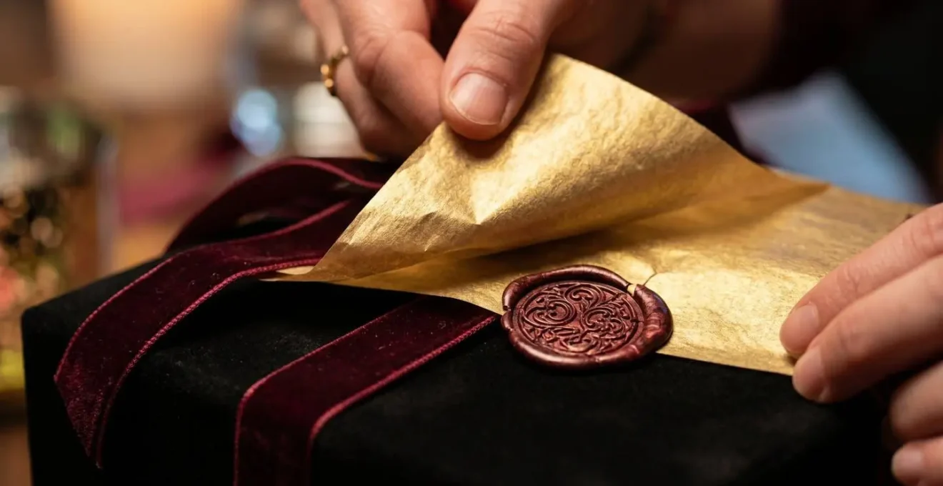 Coffret cadeau ouvert avec papier de soie doré et ruban de velours sur bureau en marbre