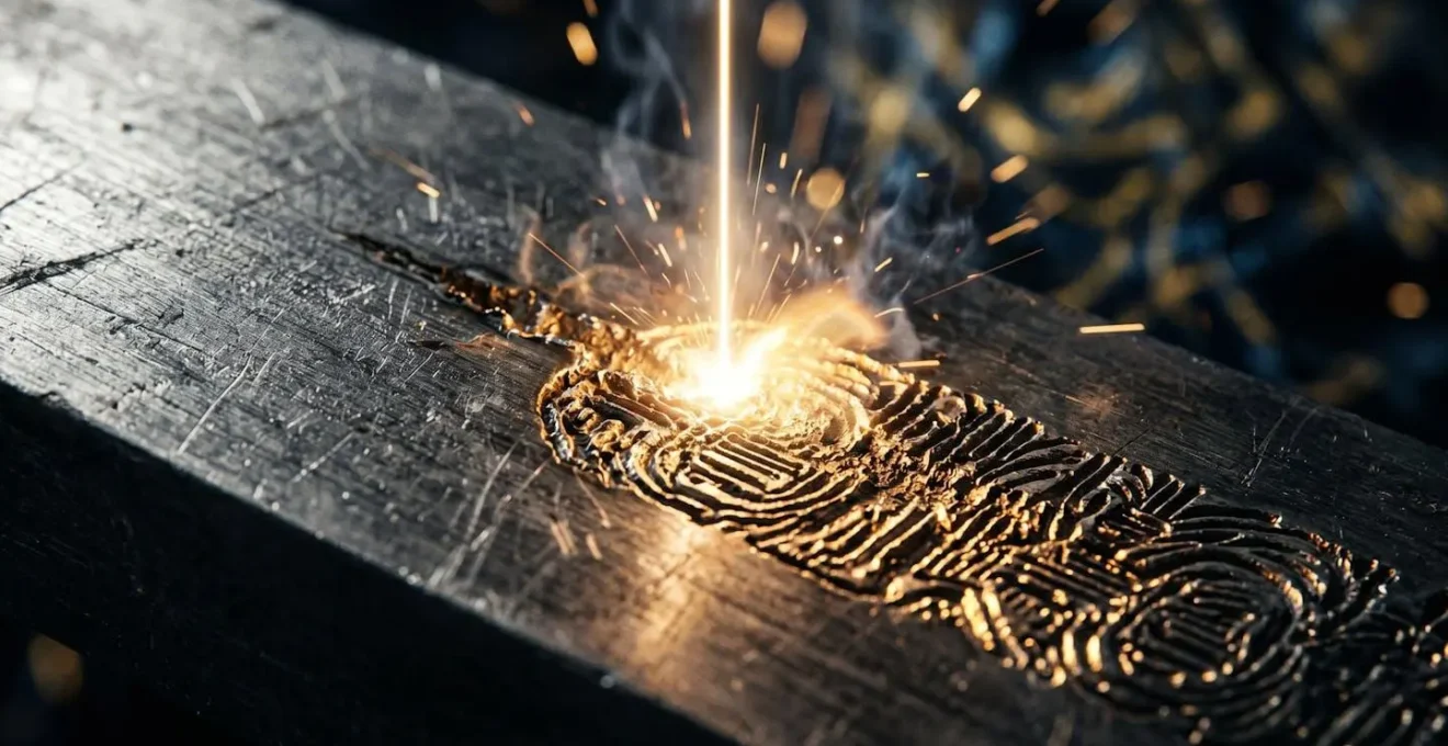 Gros plan macro sur une gravure laser créant un message personnalisé sur un objet en métal précieux