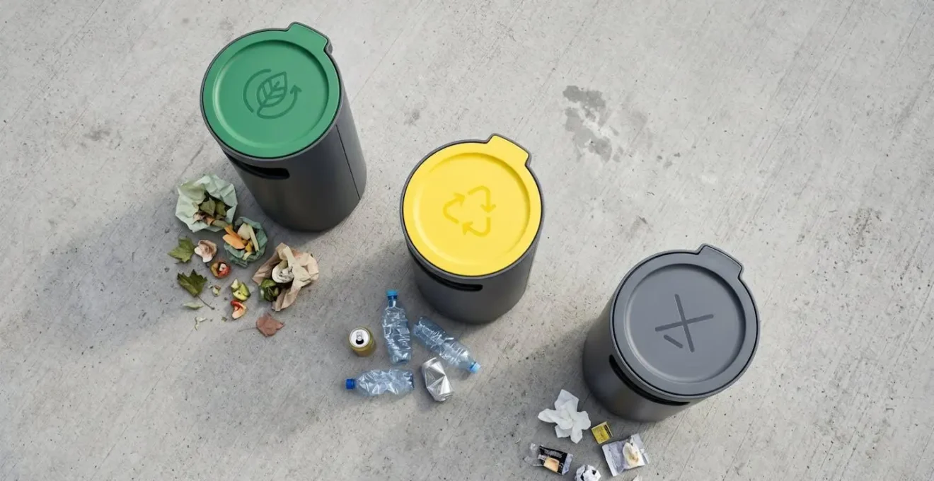 Vue aérienne de trois bacs de tri avec signalétique claire pour compost recyclage et déchets