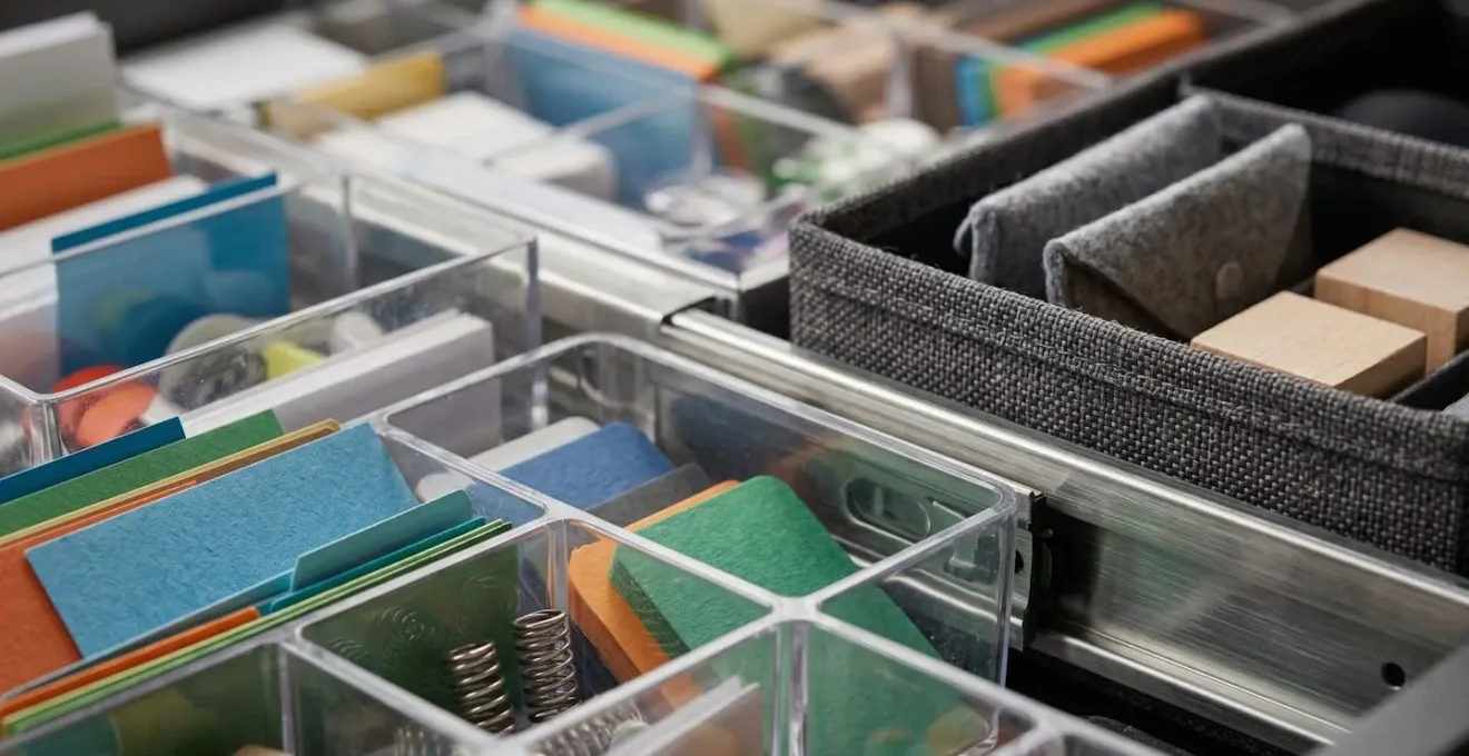Vue de l'intérieur d'un comptoir d'accueil avec compartiments de rangement organisés
