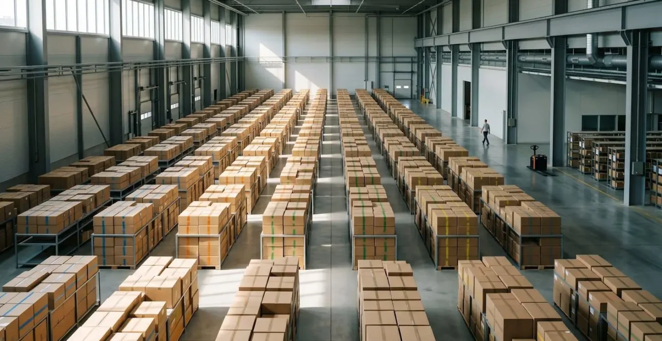 Centre de distribution avec colis préparés pour expédition vers différents points de vente