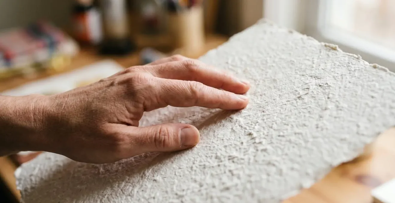 Main effleurant délicatement un papier texturé avec jeu d'ombres et de lumière