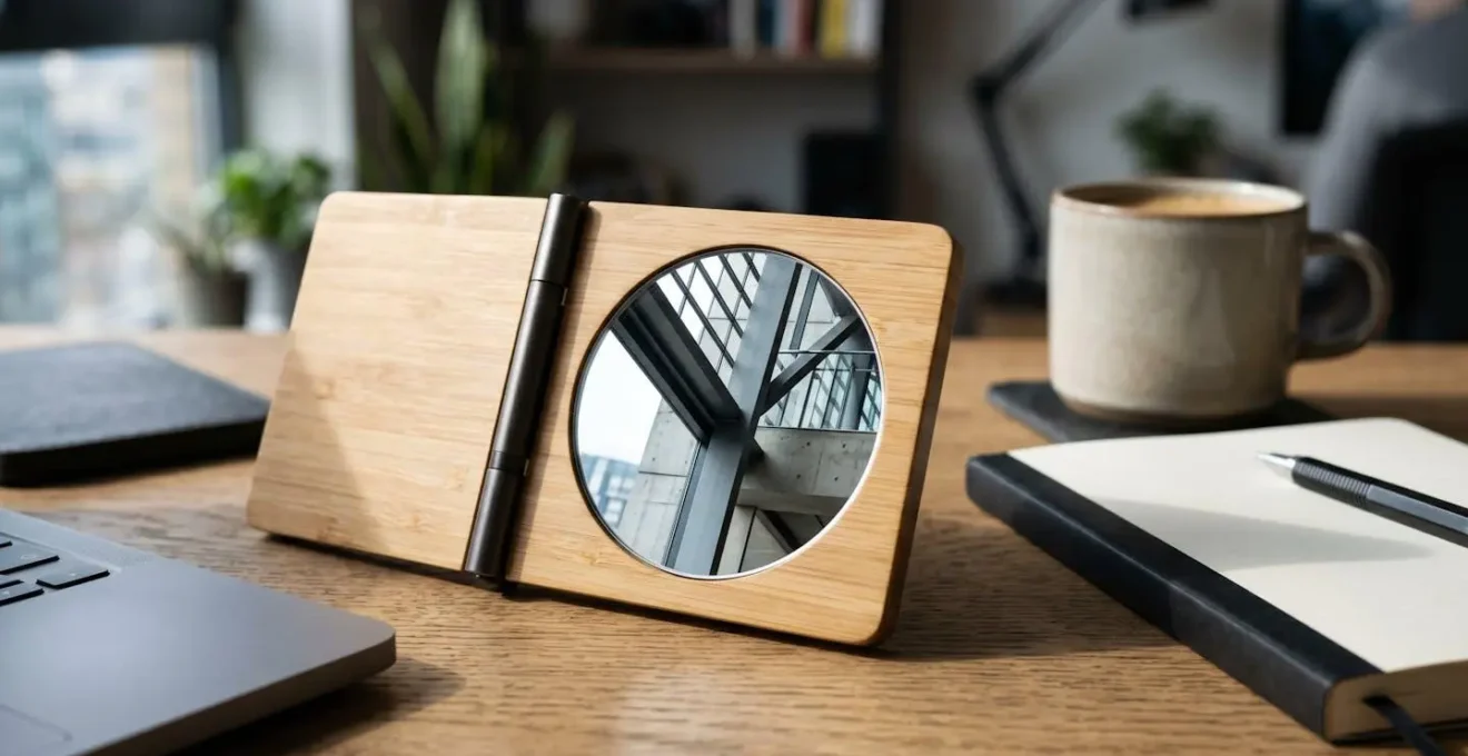 Miroir de poche au design épuré posé sur un bureau professionnel moderne