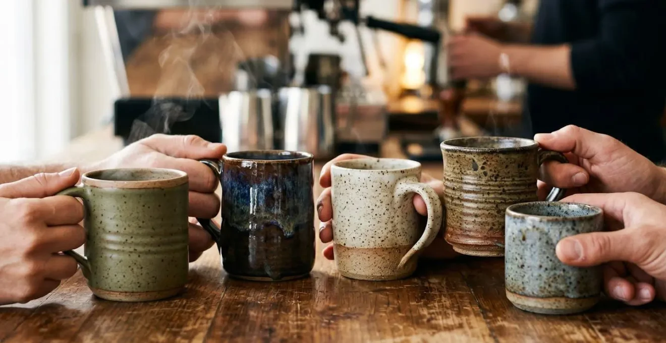 Gros plan sur des mains tenant des mugs artisanaux uniques autour d'une machine à café