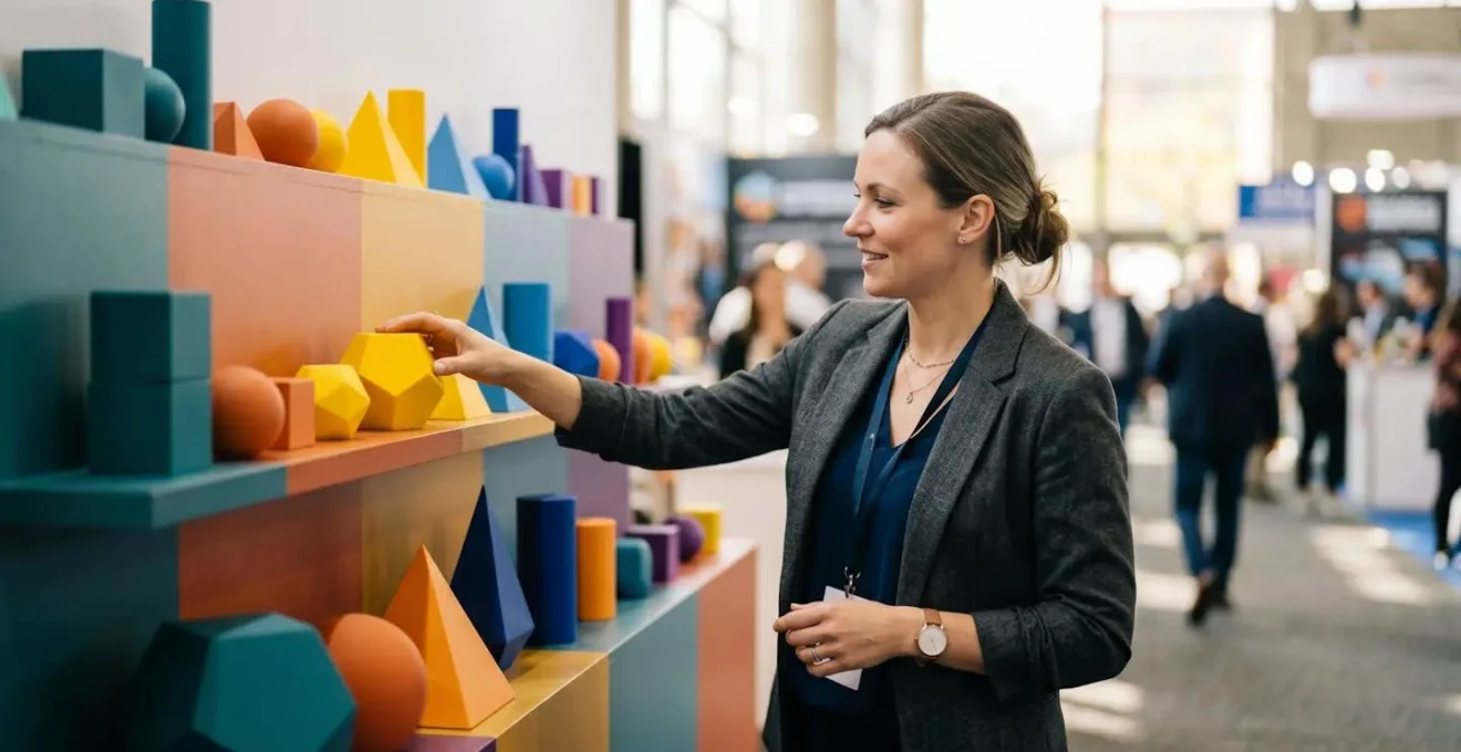Un présentoir moderne sur un stand de salon, organisé en trois niveaux avec des objets promotionnels de valeur croissante.