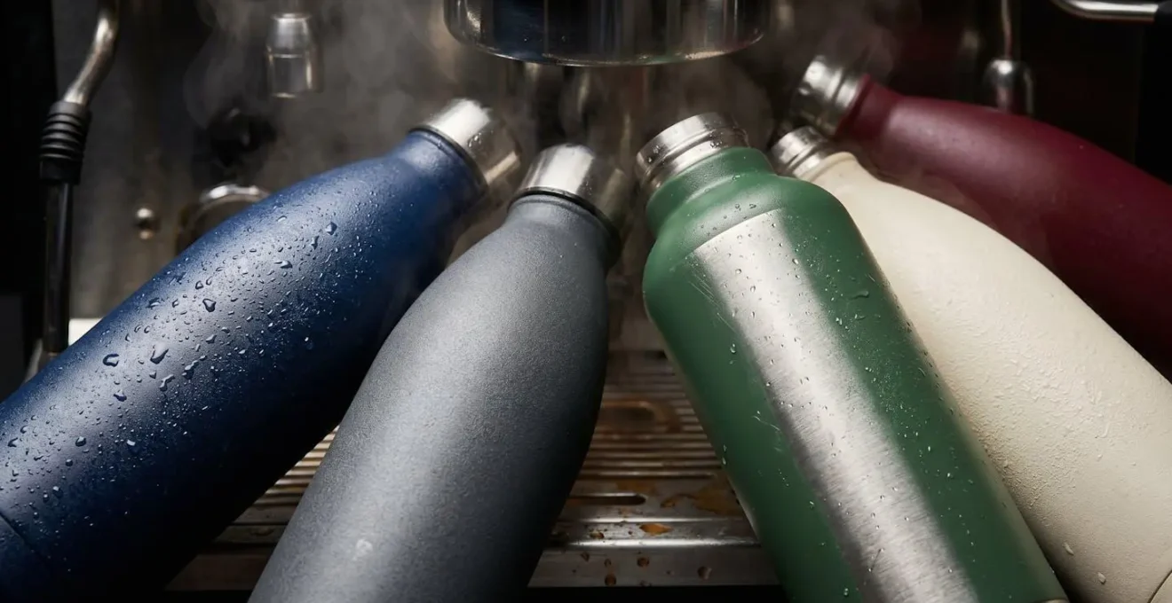Moment convivial autour de la machine à café avec gourdes personnalisées