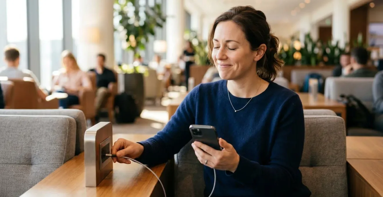 Personne soulagée branchant son téléphone à une station de charge dans un espace public