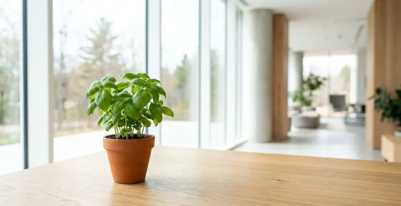 Une jeune plante de basilic dans un pot en terre avec en arrière-plan flou un environnement de bureau lumineux