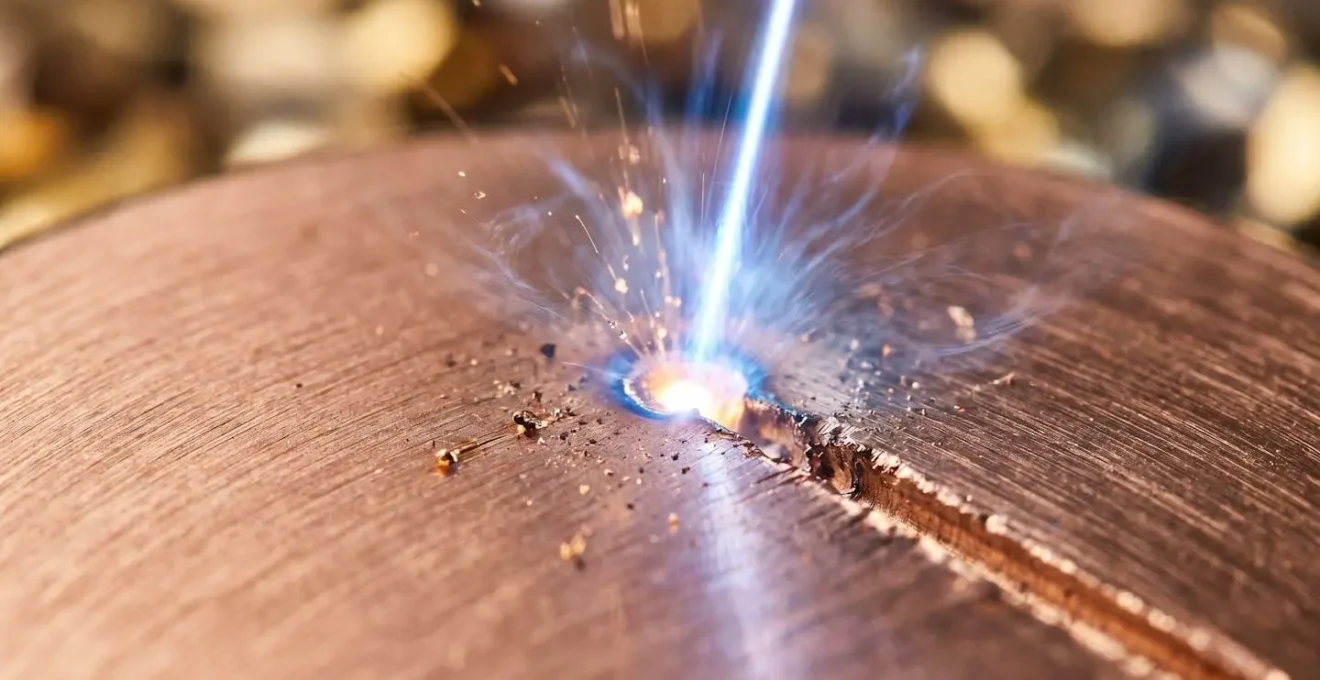Vue macro du processus de gravure laser sur surface métallique noble