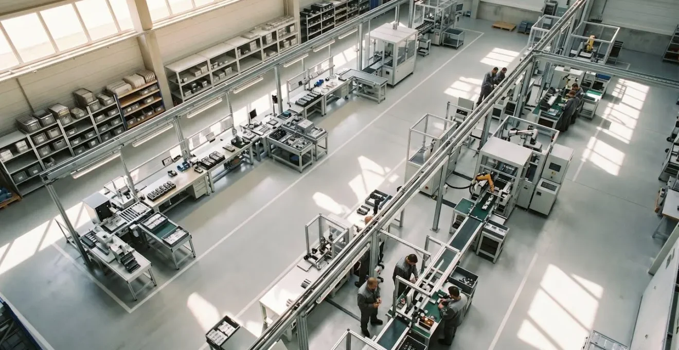 Vue aérienne d'un atelier de production avec des lots d'objets organisés par étapes de personnalisation
