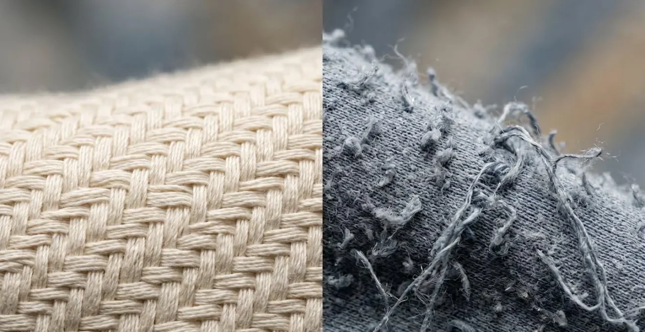 Comparaison en gros plan de deux textiles : un coton de haute qualité, dense et régulier, à côté d'un tissu synthétique bouloché et usé.
