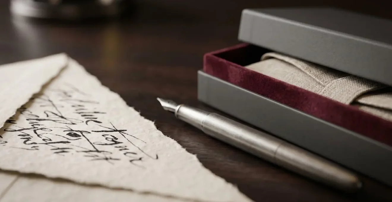 Bureau exécutif avec lettre manuscrite élégante et coffret cadeau premium en cours d'ouverture