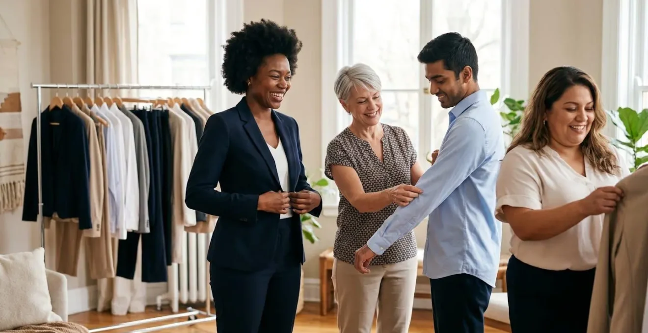 Employés divers essayant des vêtements d'entreprise dans un espace lumineux et accueillant