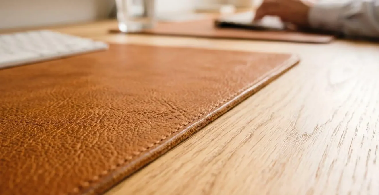Gros plan sur un bureau avec un sous-main en cuir naturel qui définit l'espace de travail personnel