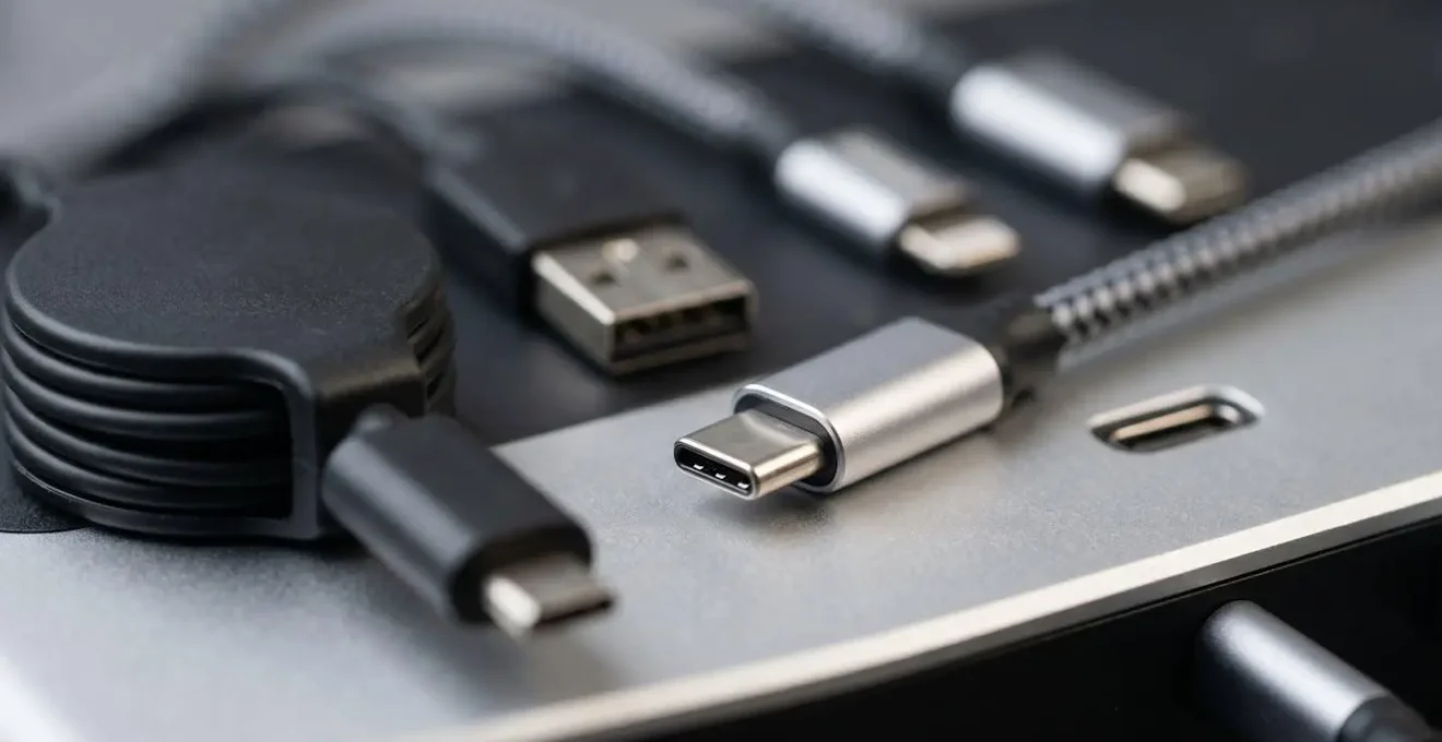 Station de charge hybride montrant différents câbles et ports USB disponibles