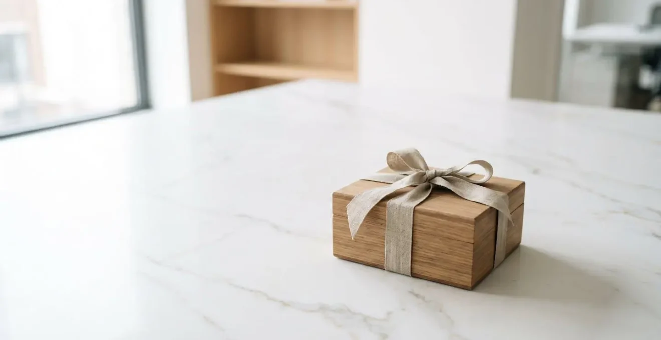 Mise en scène minimaliste d'un coffret cadeau premium isolé dans un espace épuré