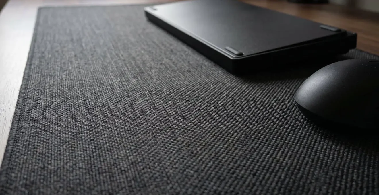 Vue macro d'un tapis de souris géant texturé avec clavier et souris ergonomiques disposés harmonieusement