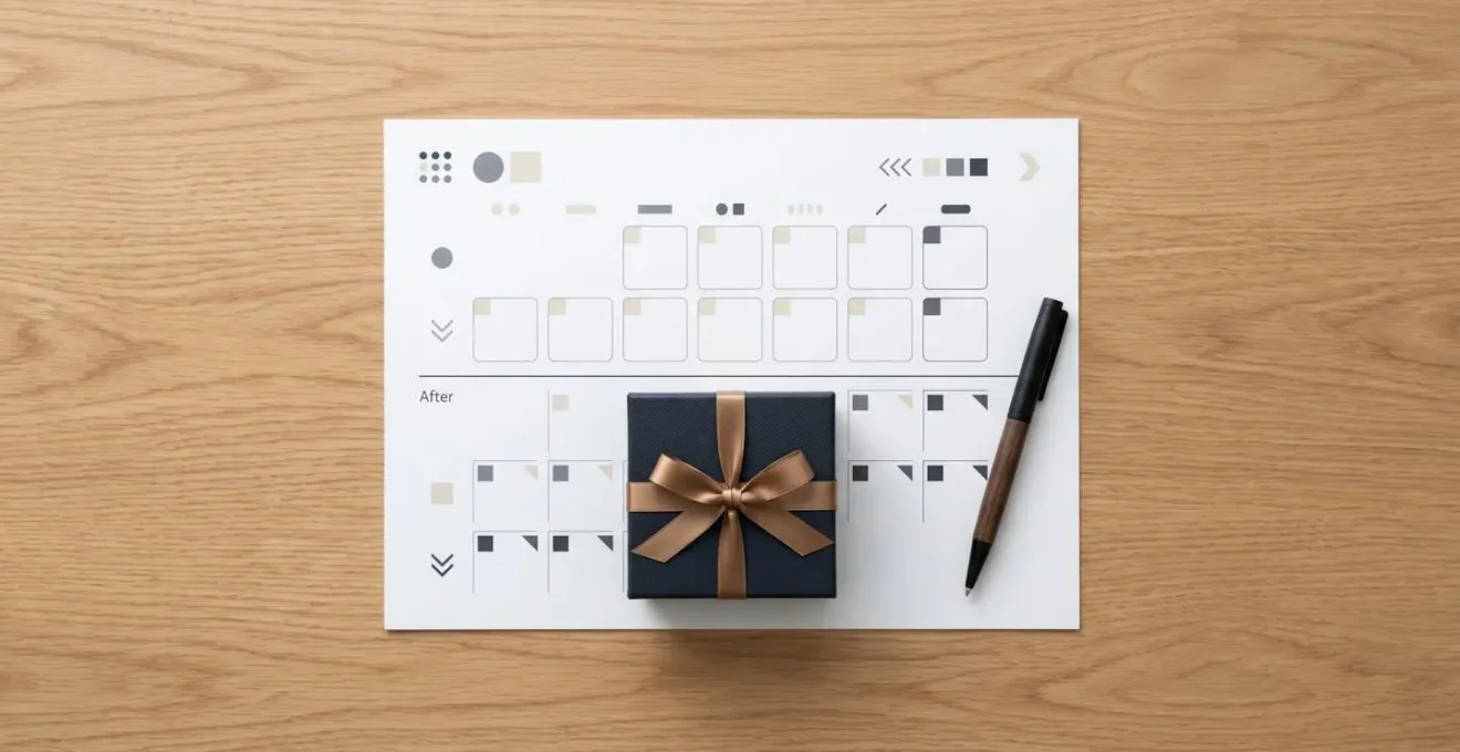 Vue aérienne minimaliste d'un bureau avec calendrier et coffret cadeau positionné après la date de signature