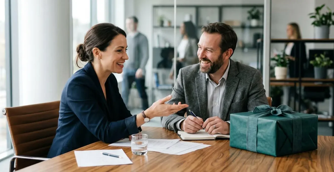 Scène professionnelle montrant le moment optimal de remise d'un objet promotionnel