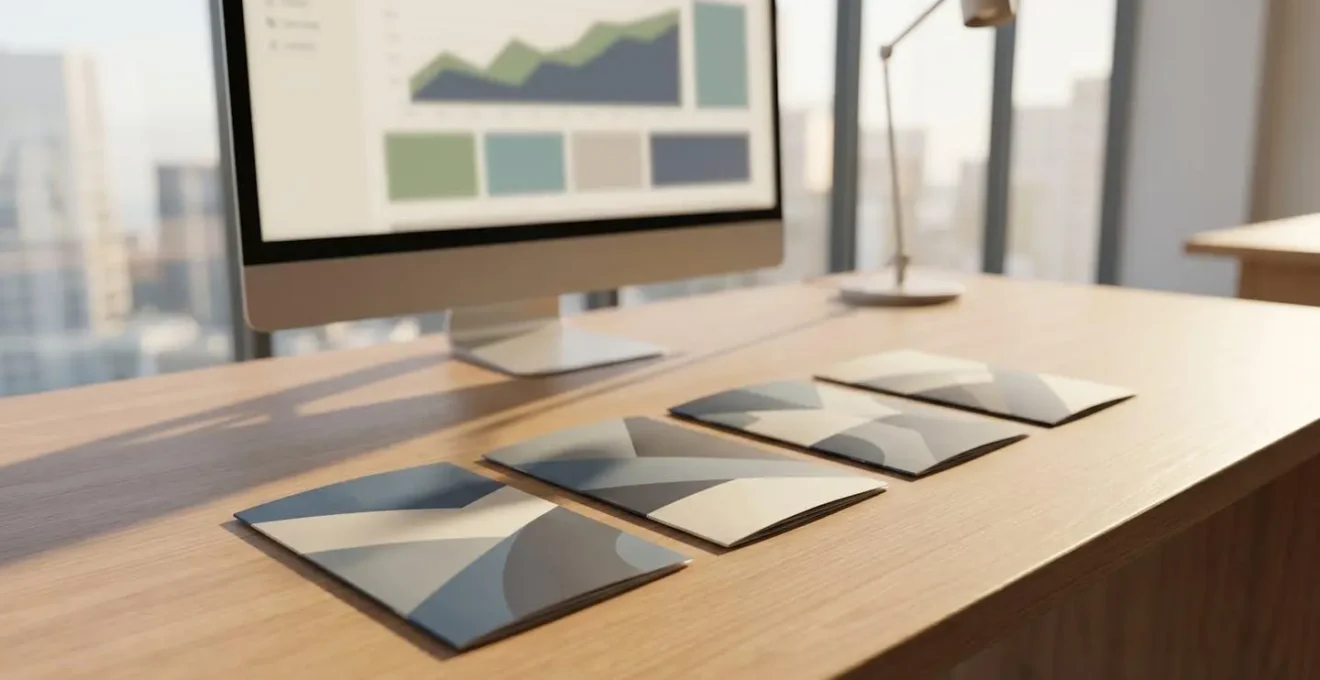 Bureau moderne avec documents print premium et écran montrant des analytics en arrière-plan flou