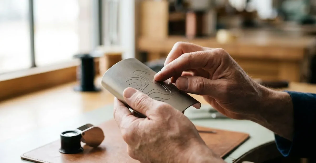 Mains d'expert examinant un prototype d'objet promotionnel avec loupe pour validation du marquage