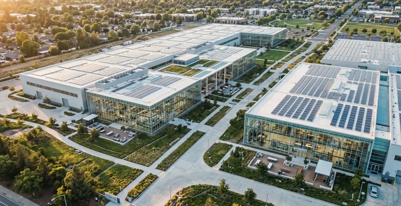 Vue aérienne d'une usine moderne avec des espaces verts et des panneaux solaires sur les toits