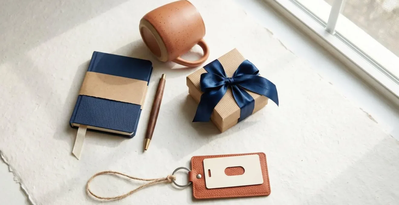 Arrangement artistique d'objets de bureau formant une progression visuelle du welcome pack, du plus fonctionnel au plus personnel