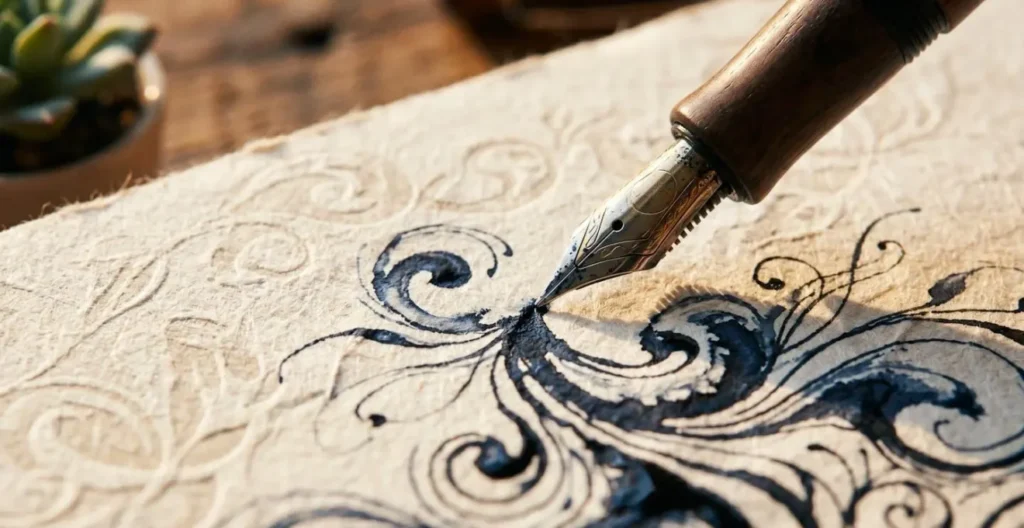 Main écrivant une carte de bienvenue personnalisée avec stylo plume sur bureau en bois Main écrivant une carte de bienvenue personnalisée avec stylo plume sur bureau en bois