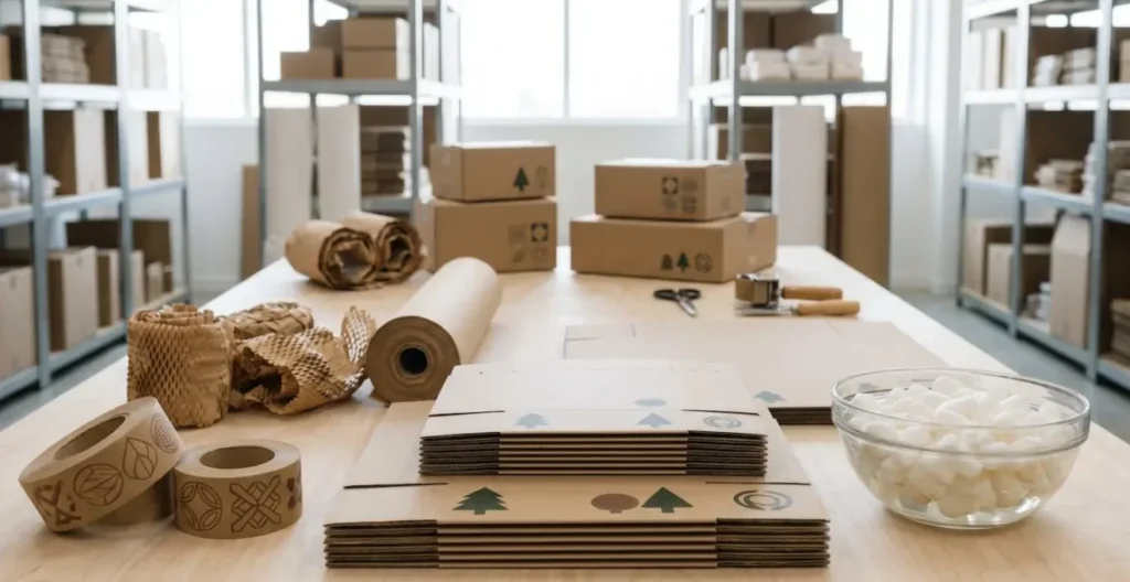 Emballage en carton certifié FSC avec calage en papier kraft et détails écologiques Emballage en carton certifié FSC avec calage en papier kraft et détails écologiques